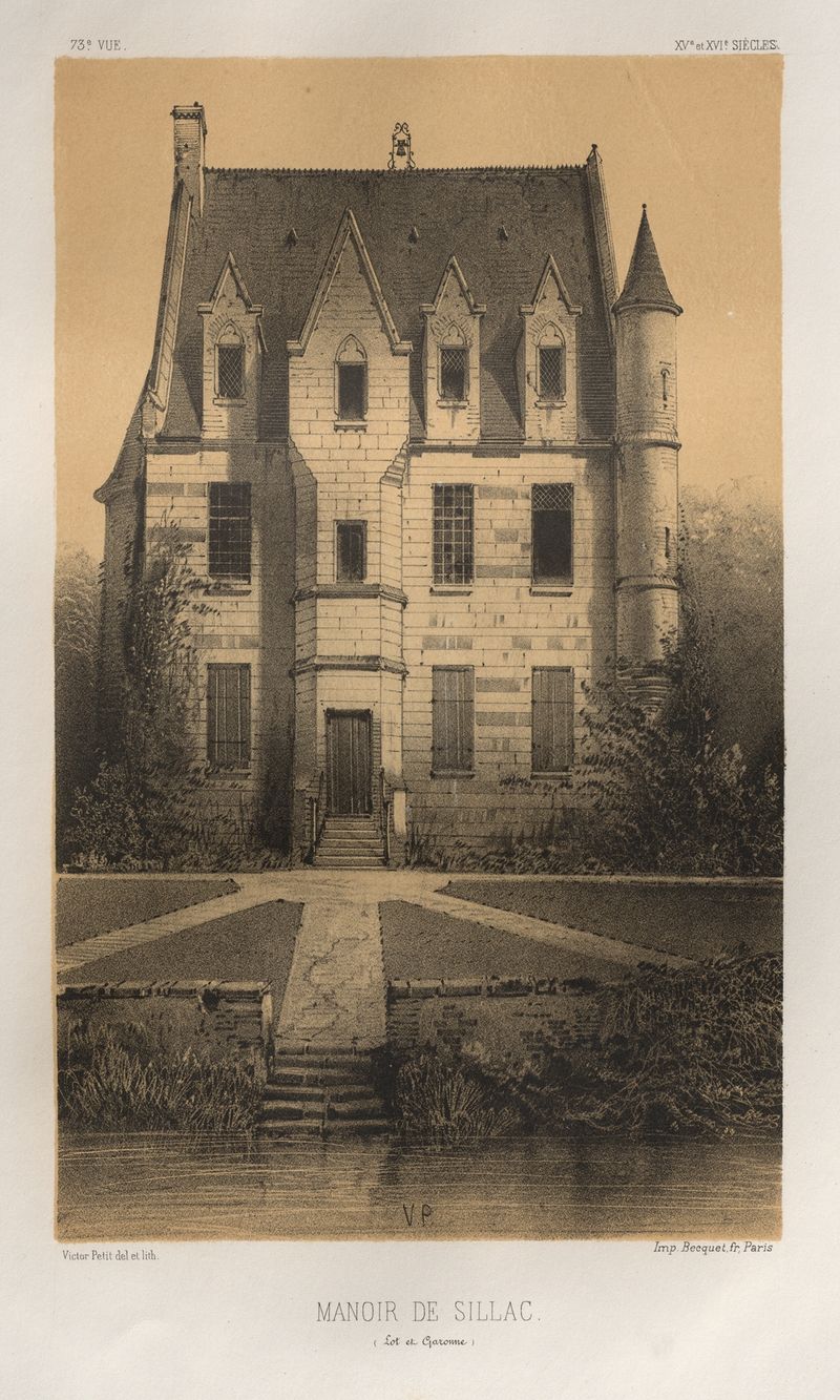 Manoir De Sillac de Victor Petit, óleo sobre lienzo que representa un manor con luz dorada y árboles.