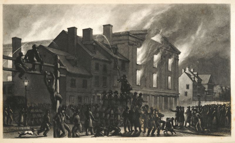 Representação histórica do Pennsylvania Hall por Reuben S. Gilbert, pintura a óleo