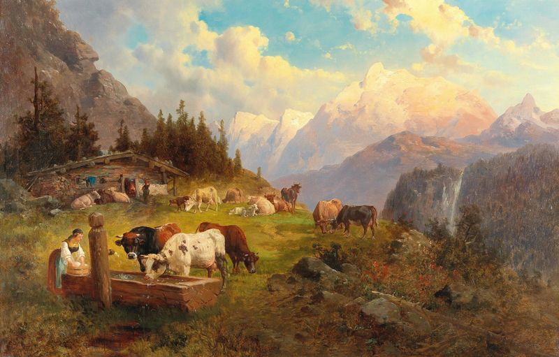 On the Mountain Pasture de Josef Thoma, óleo sobre lienzo que representa un río y flores silvestres