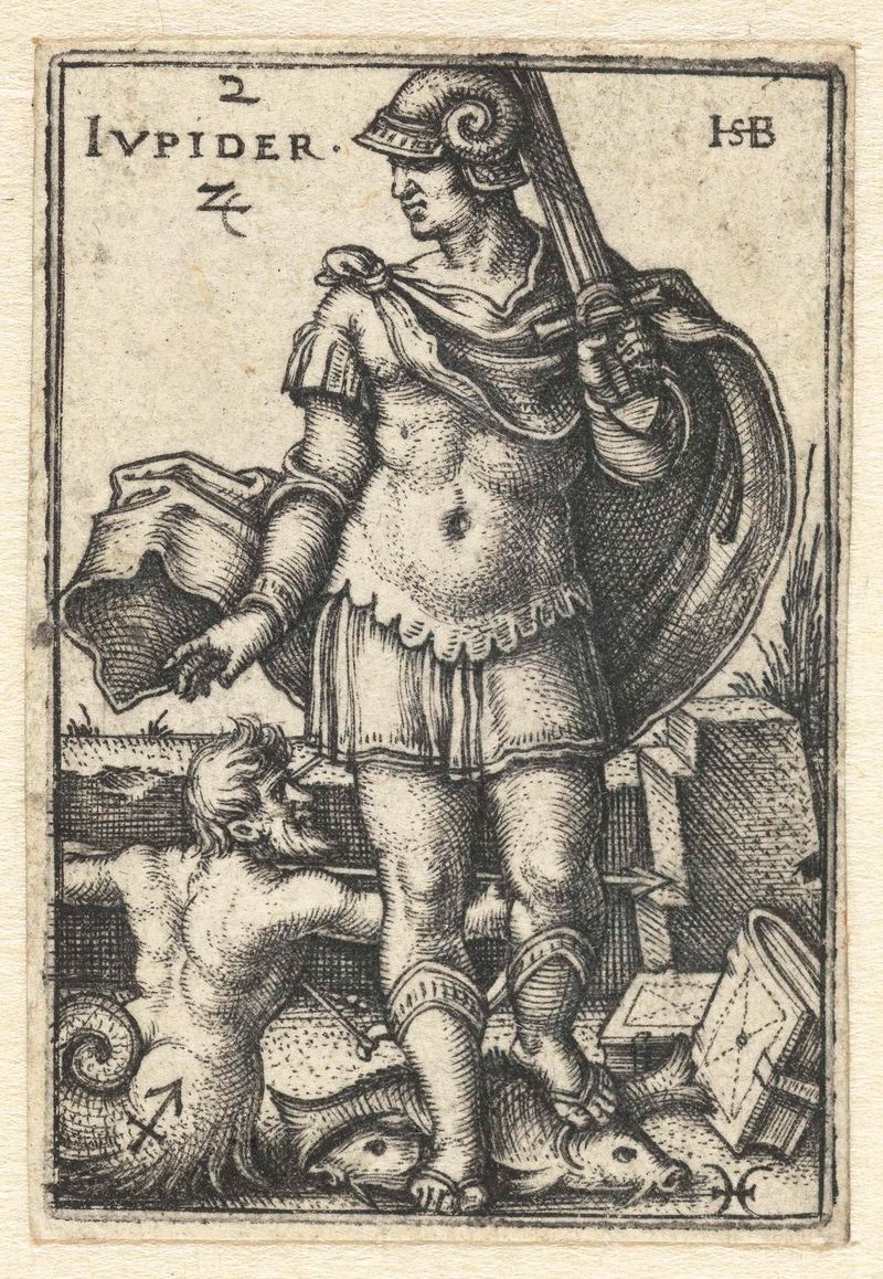 Grabado de Hans Sebald Beham que representa a Júpiter con las constelaciones de Sagitario y Piscis.