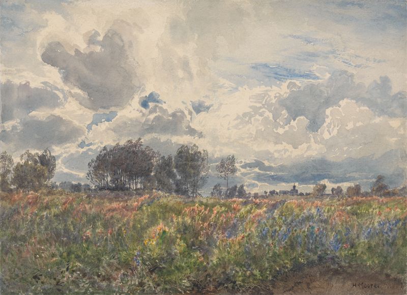 Landscape depicting rain over fields and clouds by Henry Moore, oil painting