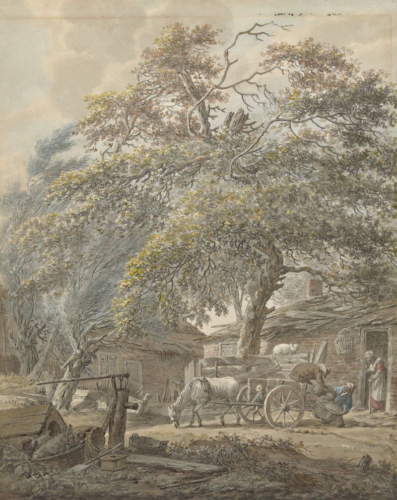 Two men loading a cradle onto a horse cart, oil painting by Vincent Jansz. van der Vinne