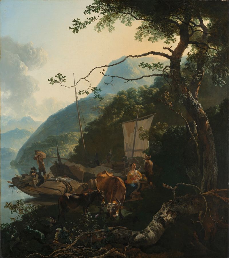 Pintura a óleo de Adam Pijnacker mostrando barqueiros e uma mãe com criança à beira de um lago.