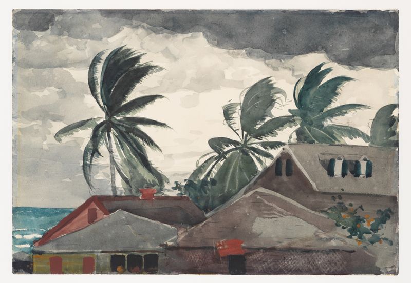 Hurricane, Bahamas de Winslow Homer, aquarela sobre papel retratando uma cena de oceano tempestuoso.