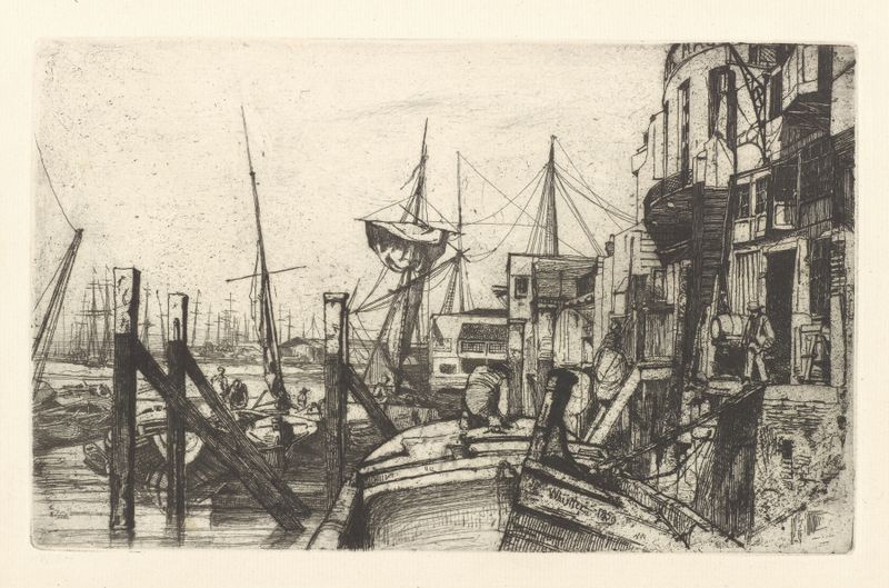 Limehouse de James Abbott McNeill Whistler, óleo sobre lienzo que muestra un paisaje urbano en niebla con siluetas de edif...