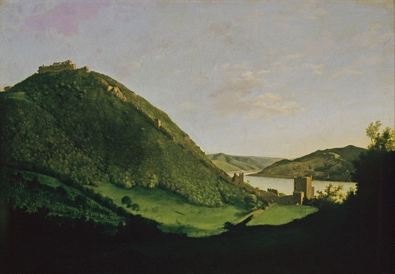 Paisaje con un castillo y acantilados en luz dorada, Károly Markó, pintura al óleo