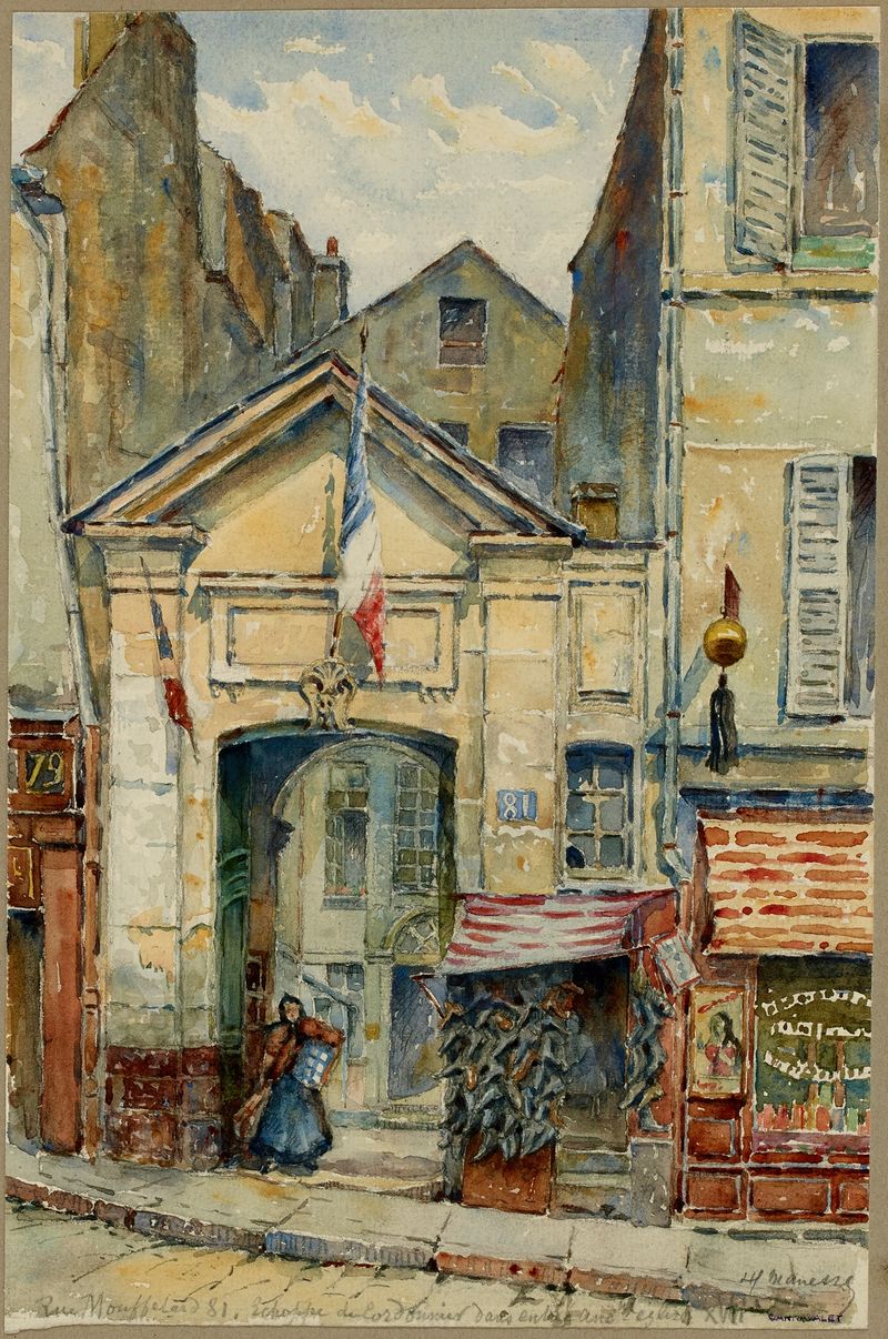 Pintura al óleo de Georges-Henri Manesse que muestra una puerta texturizada y arquitectura de piedra