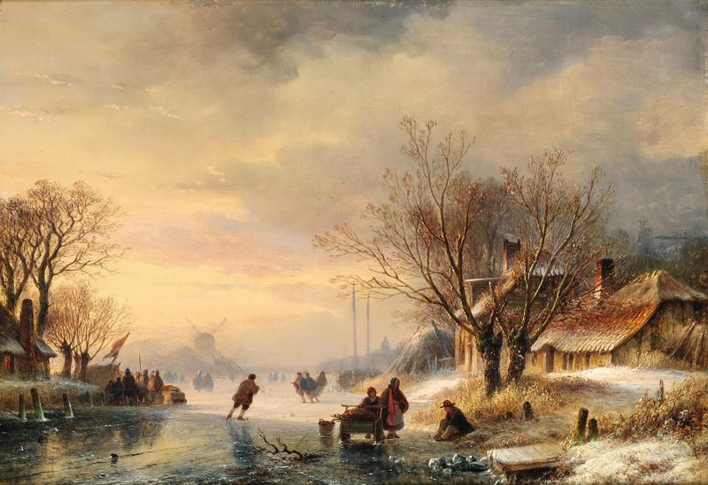 Un canal holandés en invierno, óleo sobre lienzo de Lodewijk Johannes Kleyn, con reflejos y escarcha.