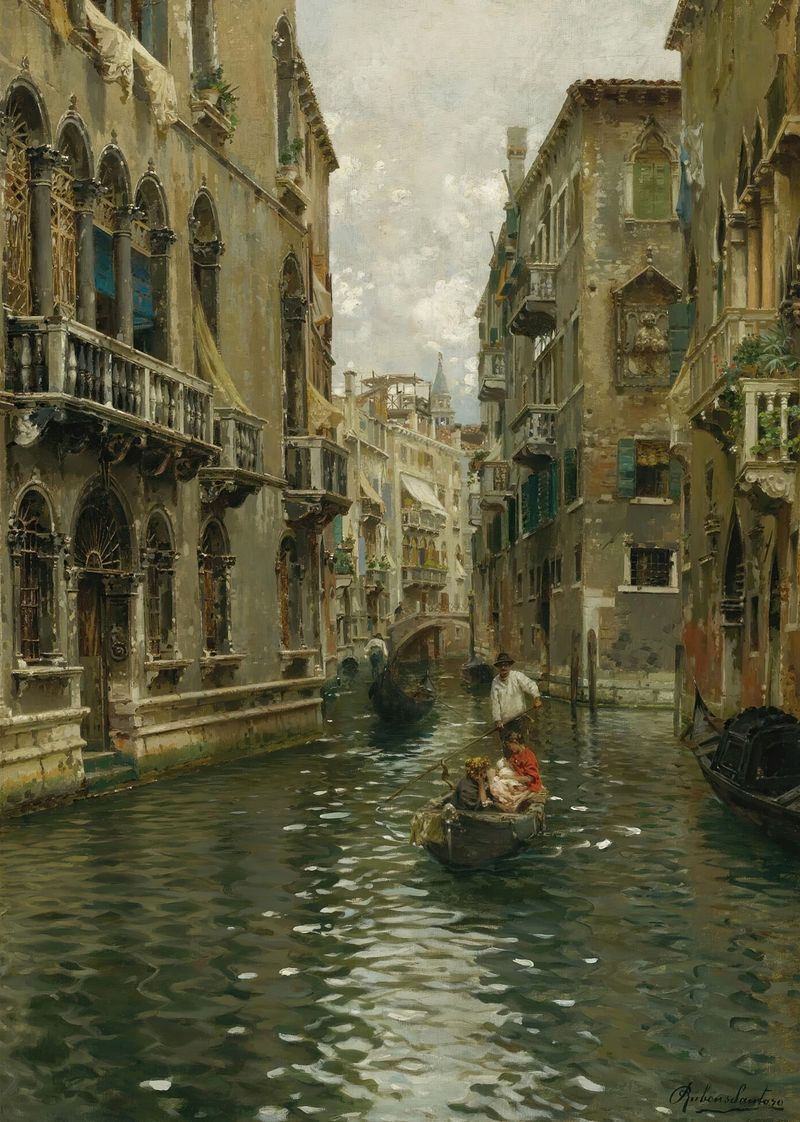 A Family Outing On A Venetian Canal by Rubens Santoro, oil on canvas depicting a family by the water.