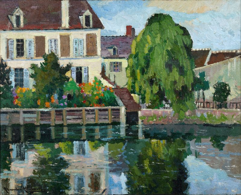 Paisaje de Crécy-la-Chapelle con flores y río de Alexandre Altmann