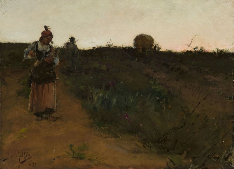 Return from the Fields de José Malhoa, óleo sobre tela mostrando um agricultor na luz dourada do pôr do sol