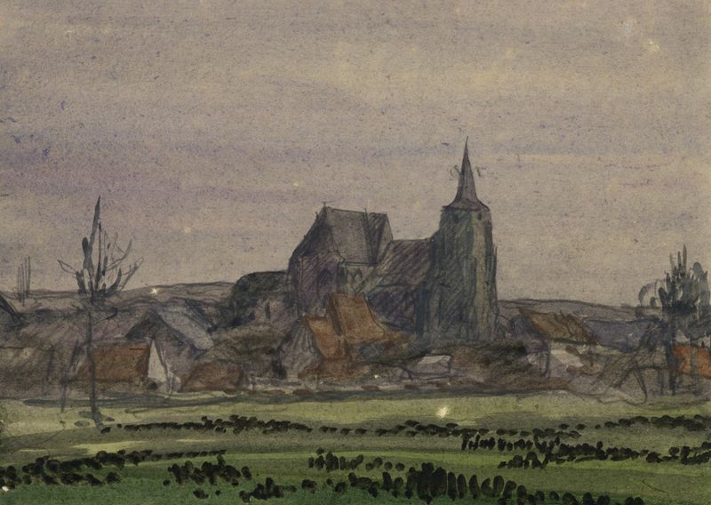 Pintura al óleo de paisaje de Alfred Ost que muestra un río y un pueblo con una iglesia.