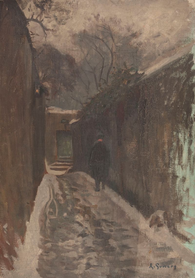 Winter landscape with snow in La rue Berton sous la neige by Adolphe-Ernest Gumery, oil on canvas