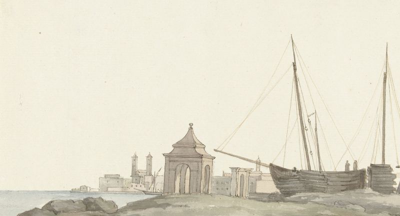 Watercolour by Abraham-Louis-Rodolphe Ducros depicting Molfetta's coastline with traditional buildings.