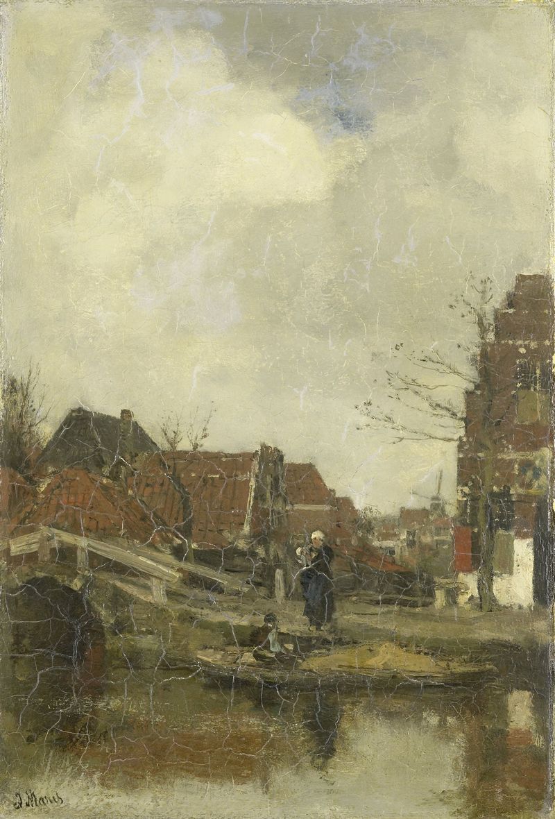 Oud buurtje aan het water, oil on canvas by Jacob Maris, depicting a tranquil village by the water.