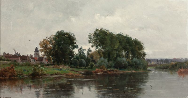 Pintura a óleo de paisagem de Adrien Jacques Sauzay mostrando uma vila ao lado de um rio