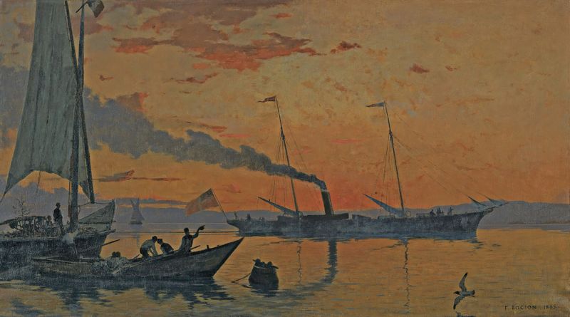 Sunset Atmosphere by François Bocion, oil on canvas depicting a tranquil sunset landscape.