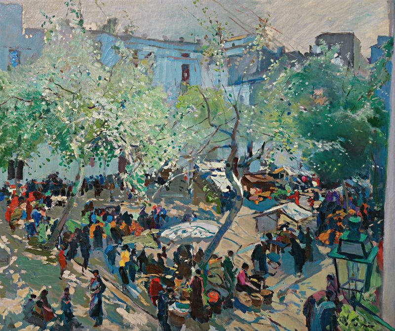 Plaza De Pau Casals, Vilanova by Joaquin Mir Trinxet, oil painting depicting a lively square with sunlight and trees.