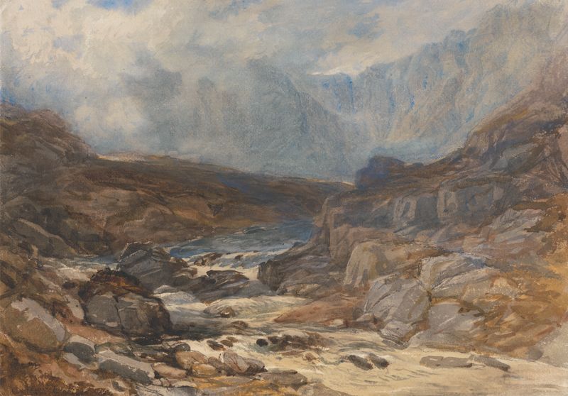 Welsh Mountain Stream de David Cox Jnr, óleo sobre lienzo de un paisaje sereno con un arroyo y montañas.