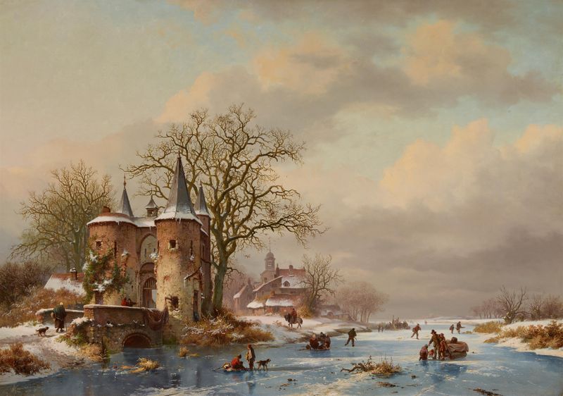 Paisagem de inverno com canal congelado, óleo de Frederik Marinus Kruseman