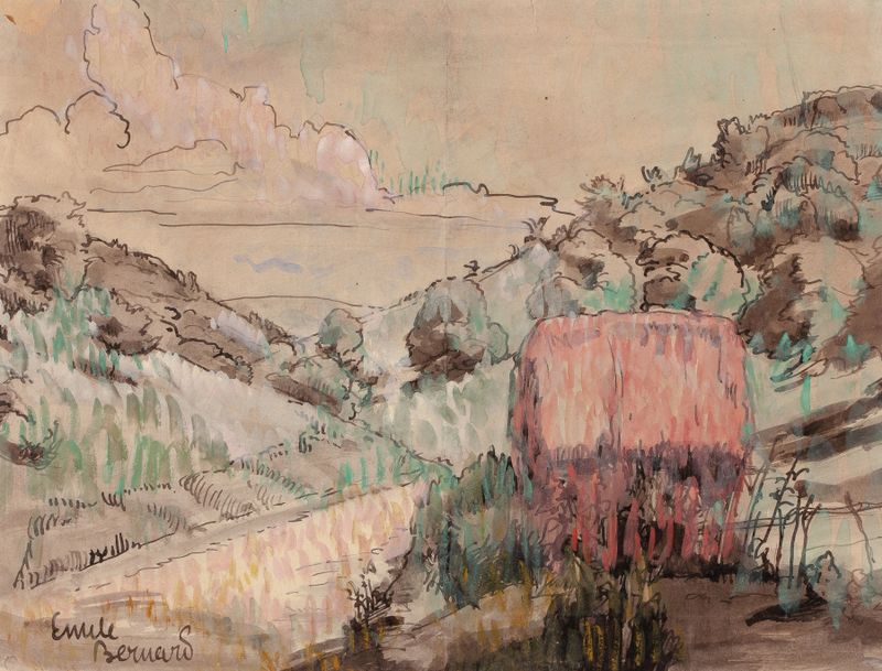 Cabana vermelha em uma colina, óleo sobre tela de Emile Bernard