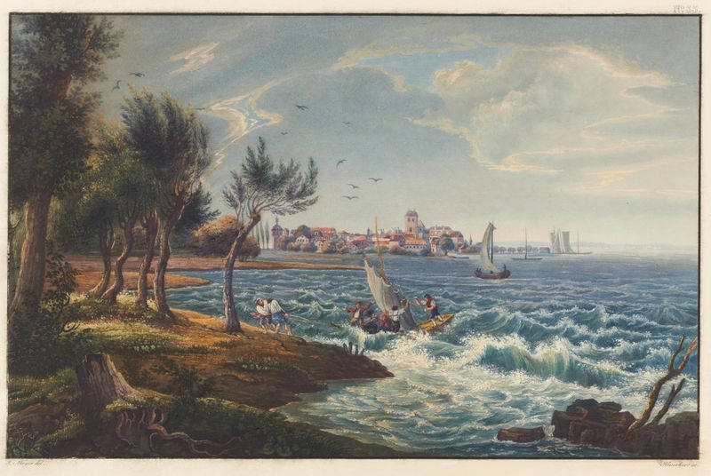 Landscape oil painting by Johann Ludwig Bleuler featuring hills and a lake.