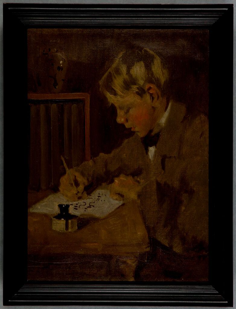 Retrato de un joven escribiendo en un escritorio, pintura al óleo de Denman Waldo Ross