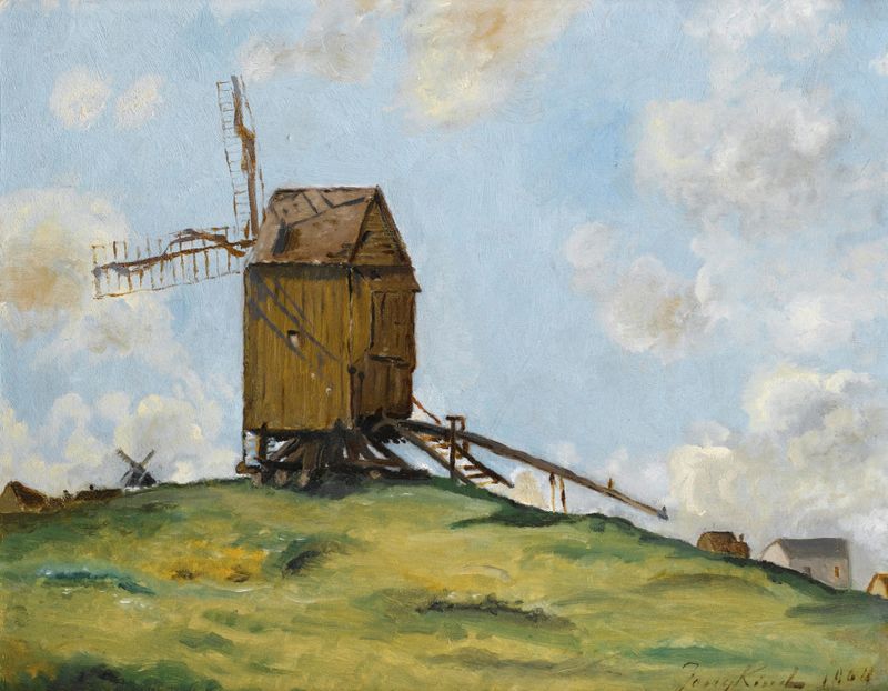 Paysage aux deux moulins, óleo sobre tela de Johan Barthold Jongkind, apresentando dois moinhos em uma paisagem rural.
