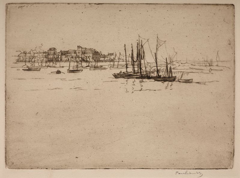 Harbour in Concarneau de Józef Pankiewicz, óleo sobre lienzo que muestra barcos en un puerto tranquilo