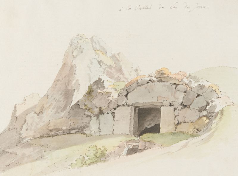 Watercolour by Johann Ludwig Aberli depicting a serene Swiss landscape with a lake and hills.