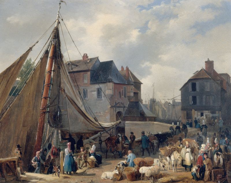 Marine scene with ships in the harbor, oil painting by Auguste Xavier Leprince