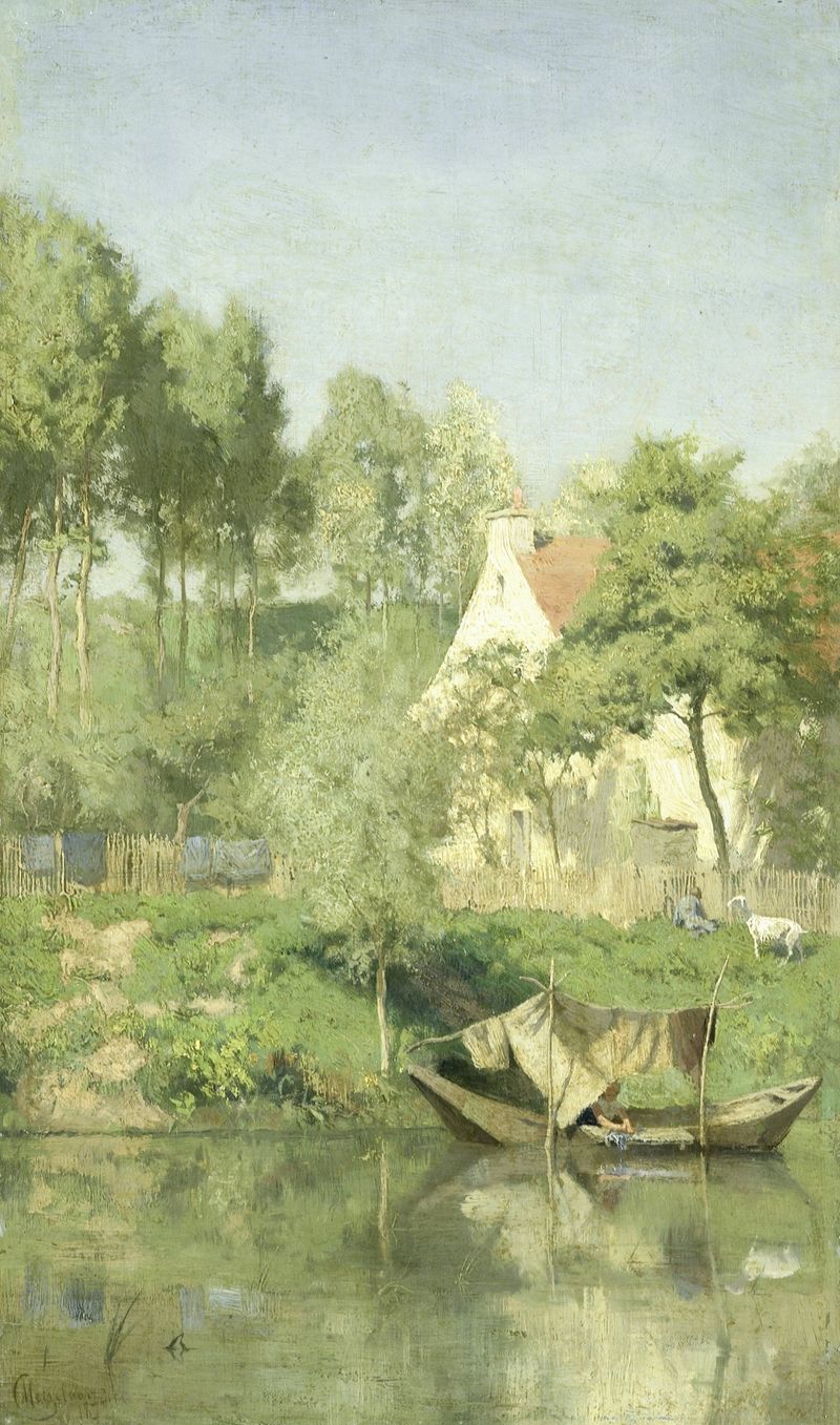 Pintura a óleo de paisagem por Coen Metzelaar com um rio e folhagem exuberante