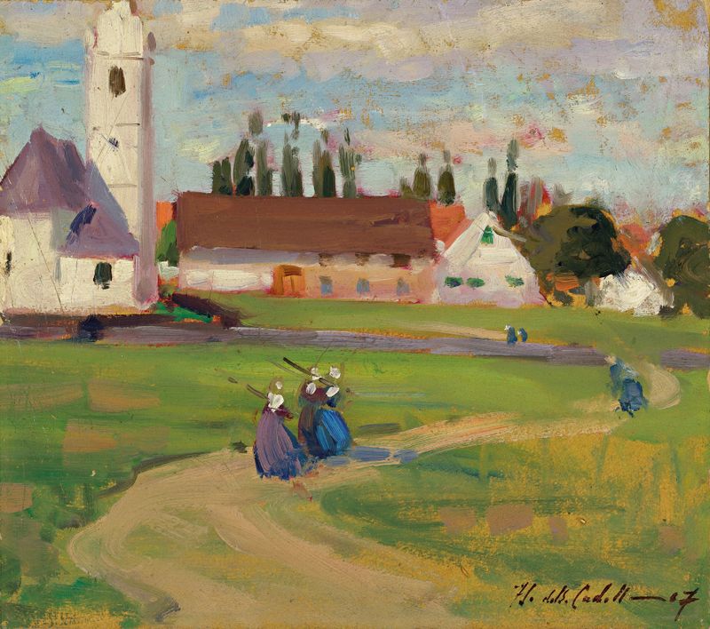 Figures on a Village Path de Francis Campbell Boileau Cadell, óleo de dos figuras en un camino rural.