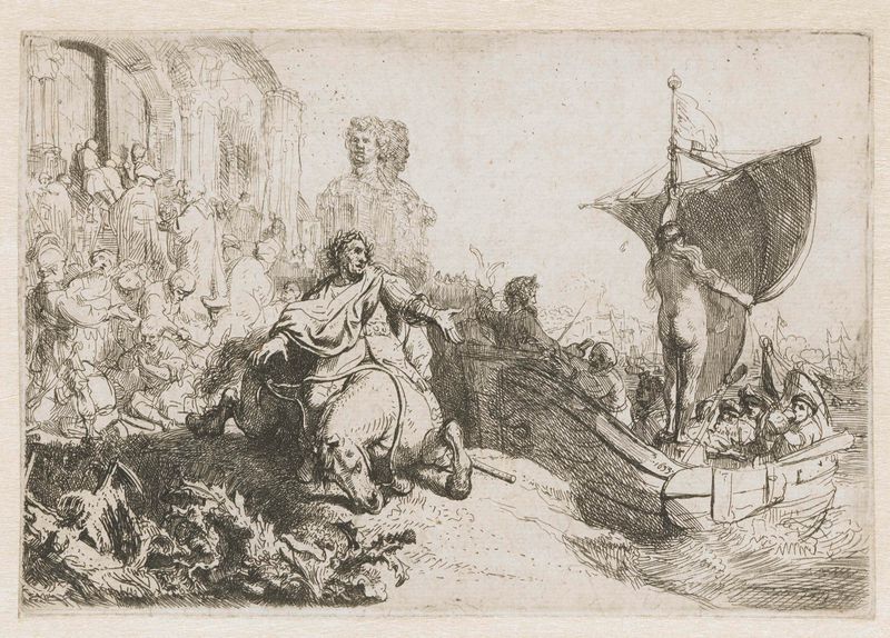 Grabado de Rembrandt van Rijn que muestra un barco cargado de tesoros en el océano.