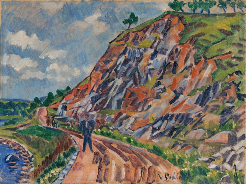 Paisaje cerca de Pyšel, pintura al óleo de Václav Špála que representa una escena natural vibrante.