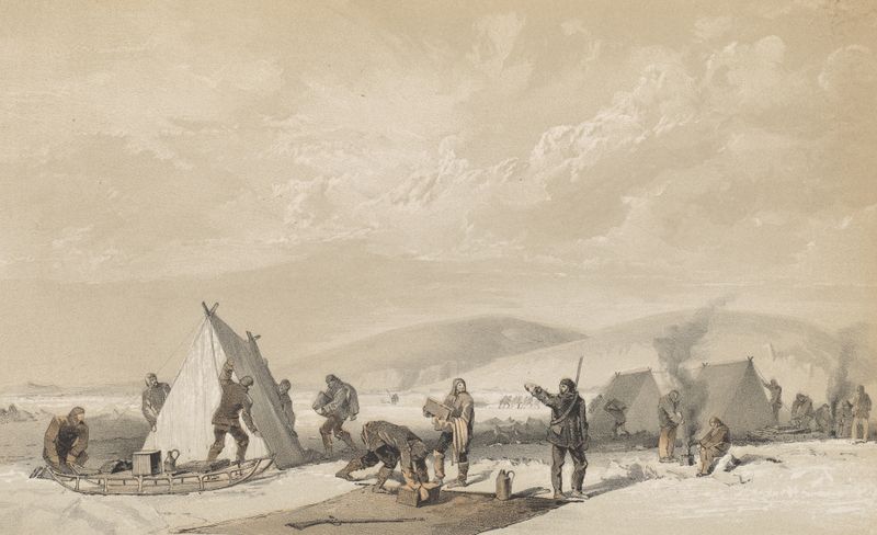 Escena de género de figuras alrededor de una fogata en pintura al óleo de Walter William May