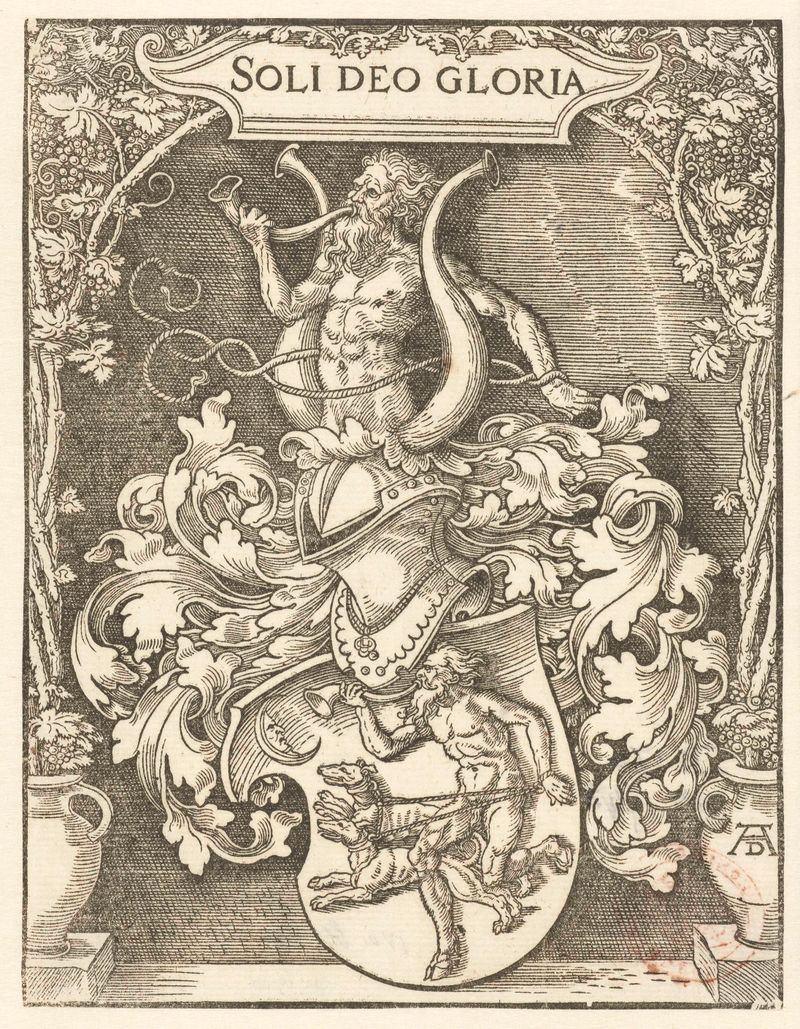 Brasão em xilogravura de Albrecht Dürer, 1516-1520, com detalhes intrincados.