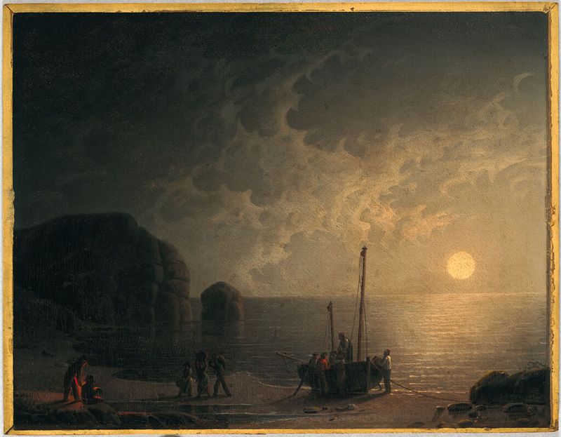 Escena marina con barcos bajo la luz de la luna, medio de madera por Robert Salmon
