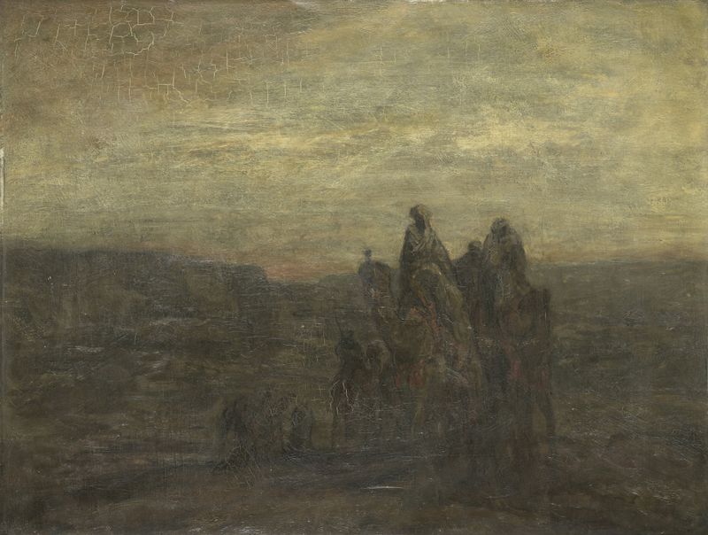 Genre scene with figures and a caravan, watercolor on paper by Marius Bauer