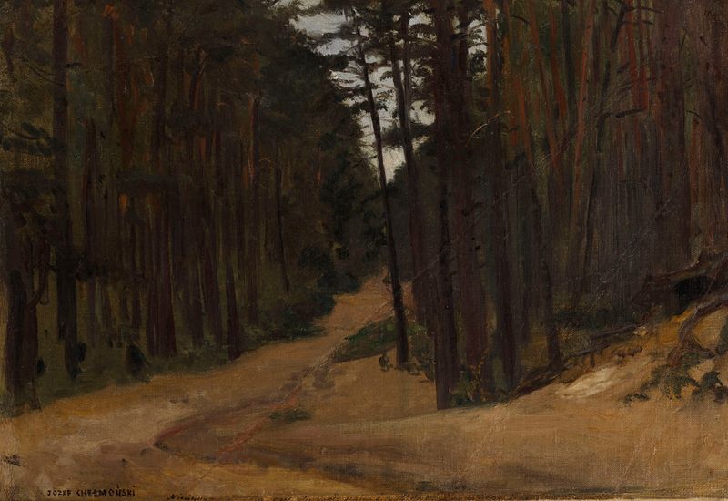 Óleo sobre lienzo de Jozef Chelmonski que muestra un camino forestal con luz moteada.