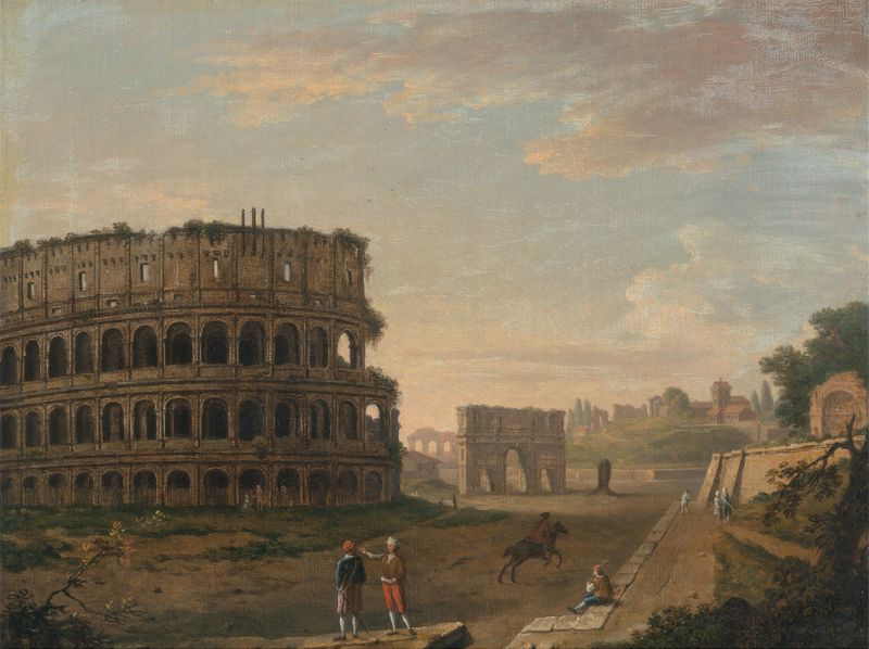 The Colosseum by John Inigo Richards, oil on canvas, showcasing ancient ruins in golden light.