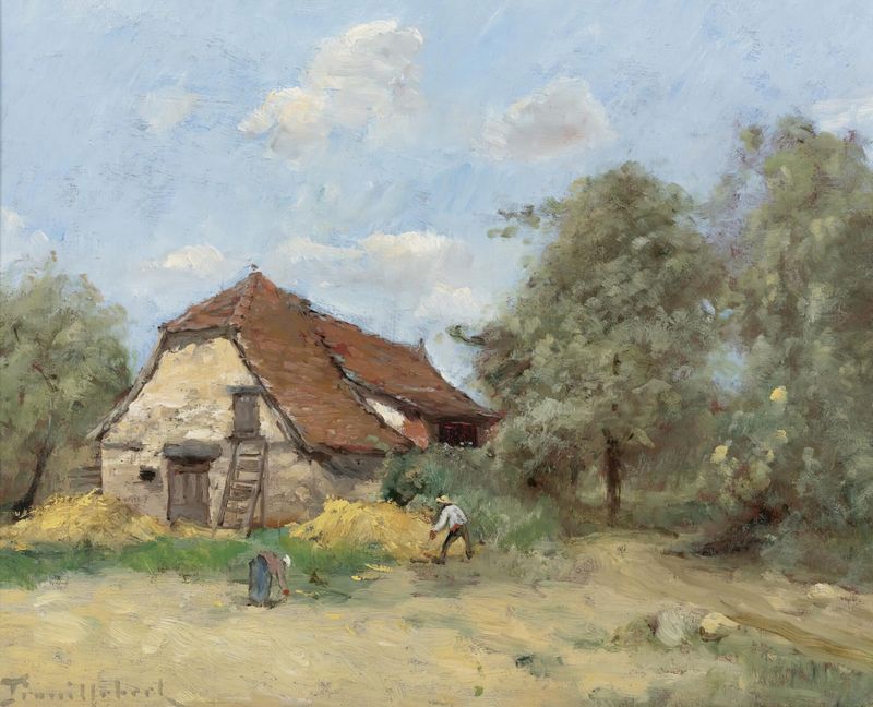 La Faucheur Près De La Ferme by Paul Désiré Trouillebert, oil on canvas depicting a reaper in a lush field.
