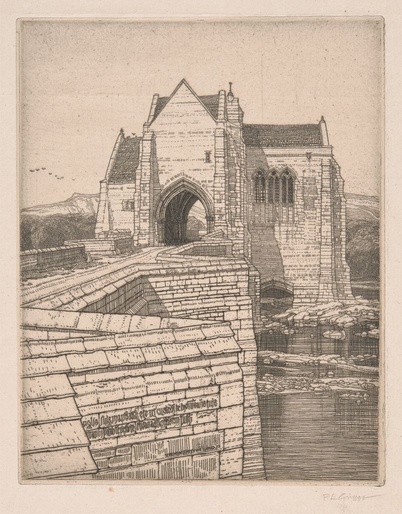 St. Botolph’s Bridge No. 1 de Frederick Landseer Maur Griggs, óleo sobre tela com uma ponte e água.