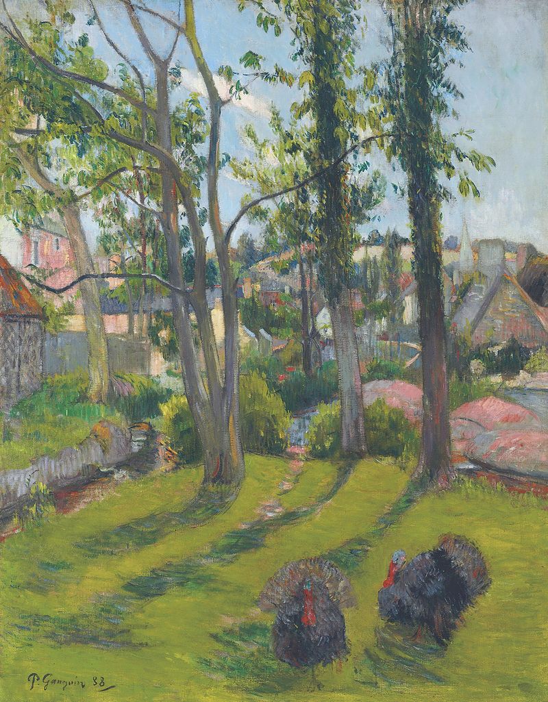 Les dindons, óleo sobre lienzo de Paul Gauguin mostrando pavos en tonos terrosos.