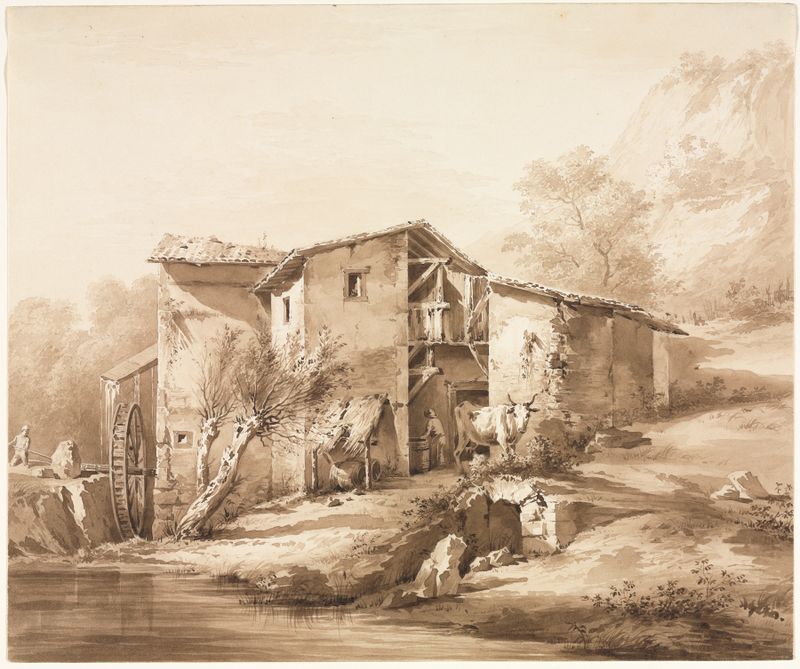 Landscape with Watermill, etching by Jean-Jacques de Boissieu, depicting a tranquil river and countryside.