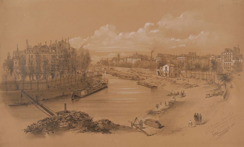 Marine scene depicting Le port Saint-Paul by Jules-Adolphe Chauvet, oil painting