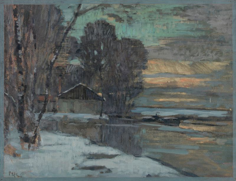 Canal de l’Ourcq en hiver de Jean Constant Pape, óleo sobre lienzo que representa un paisaje invernal con reflejos helados.
