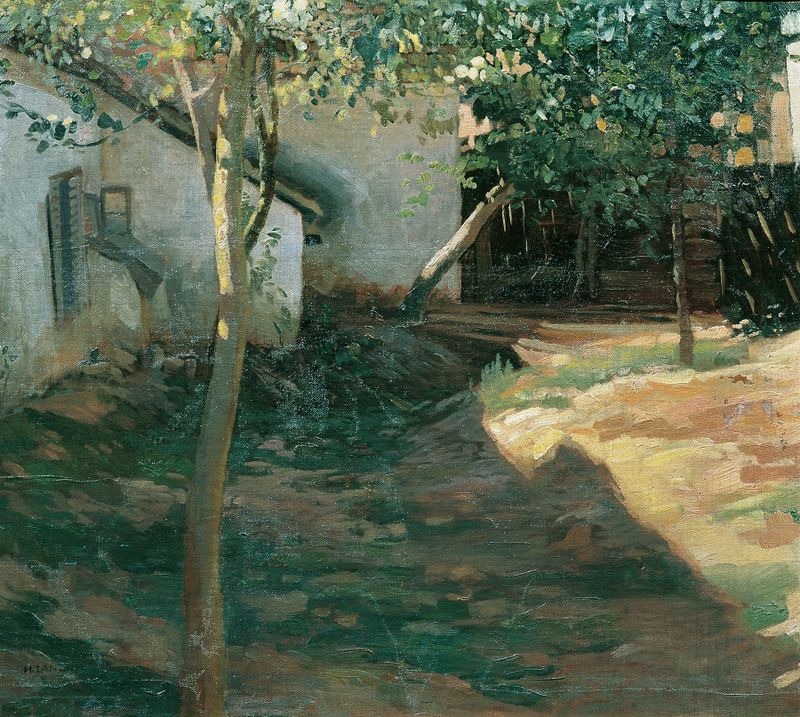 Im Zwetschkengarten (Waldviertel) by Hubert Landa, oil painting depicting a lush garden scene