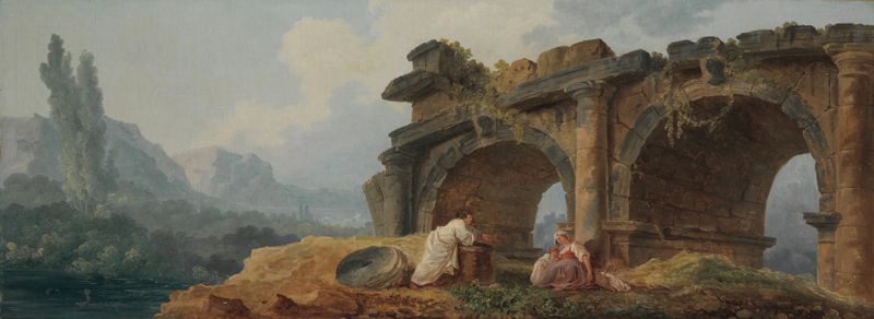 Arches in Ruins by Hubert Robert, oil on canvas depicting a decaying archway with vibrant colors and light.