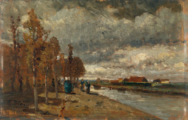 Kanal in Holland de Tina Blau, óleo sobre tela representando um canal tranquilo com luz da manhã.